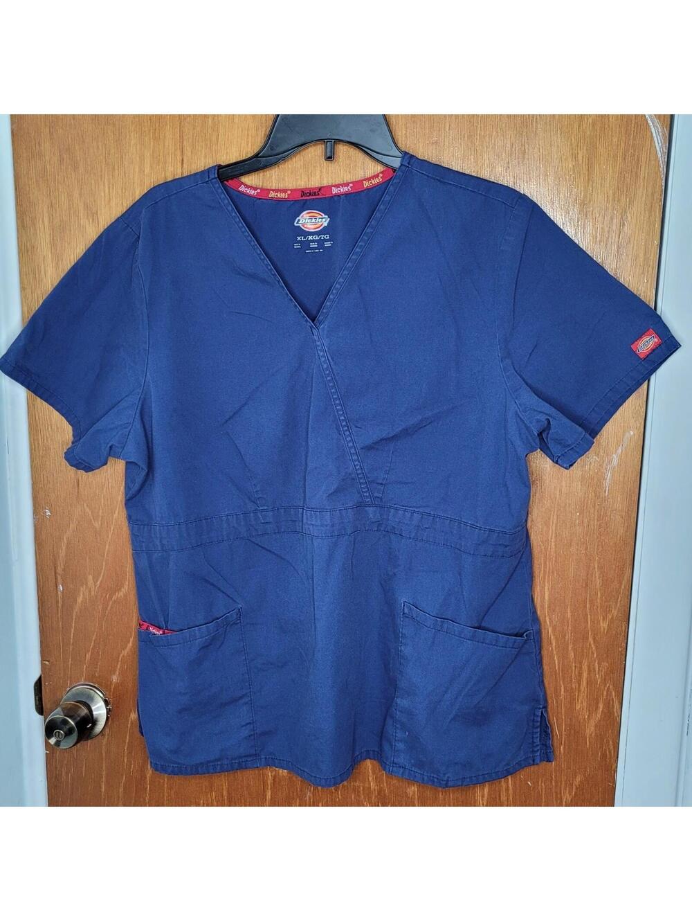 Dickies Unisex Scrub Top XL Navy Extreme Stretch Short Sleeve V Neck Medical